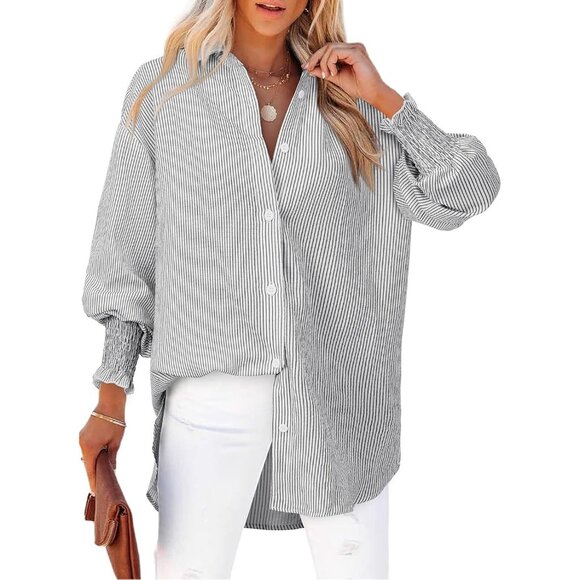 Womens Striped Button Long Sleeve Black Striped Oversized Collared Work Shirt - Picture 1 of 5